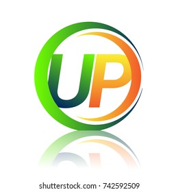 initial letter logo UP company name green and orange color on circle and swoosh design. vector logotype for business and company identity.