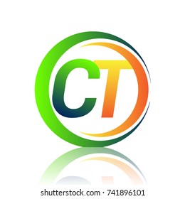 initial letter logo CT company name green and orange color on circle and swoosh design. vector logotype for business and company identity.