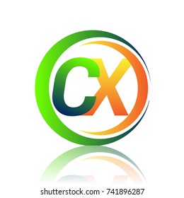 initial letter logo CX company name green and orange color on circle and swoosh design. vector logotype for business and company identity.