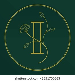 Initial letter I logo decorated with ornamental plants, elegant minimalist, 100% editable vector EPS.