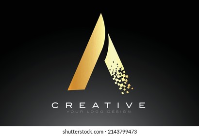 Diseño de logotipo de carta inicial con píxeles digitales en colores dorados.