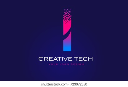 I Initial Letter Logo Design with Digital Pixels in Blue and Purple Colors.