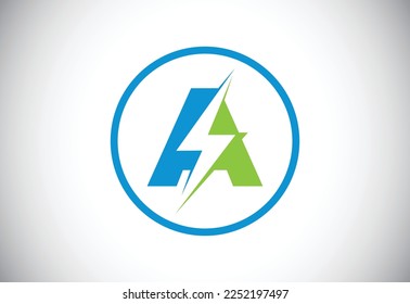 Initial A letter logo design with lighting thunder bolt. Electric bolt letter logo vector 