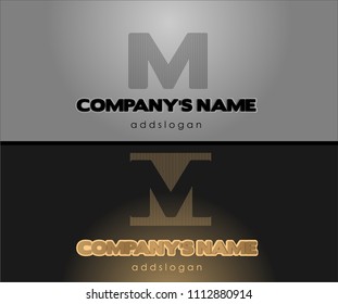 Initial letter logo design M company name gold and gray color in box and swoosh design.