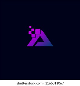 Initial A Letter Logo Design teamplate with Digital Pixels element technology in Purple Colors