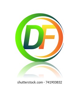 initial letter logo DF company name green and orange color on circle and swoosh design. vector logotype for business and company identity.