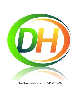 initial letter logo DH company name green and orange color on circle and swoosh design. vector logotype for business and company identity.