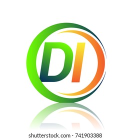 initial letter logo DI company name green and orange color on circle and swoosh design. vector logotype for business and company identity.