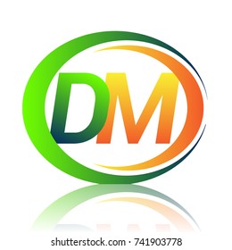 initial letter logo DM company name green and orange color on circle and swoosh design. vector logotype for business and company identity.