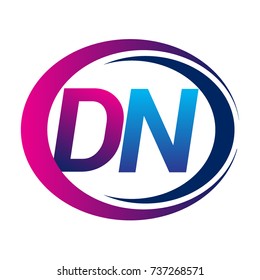 initial letter logo DN company name blue and magenta color on circle and swoosh design. vector logotype for business and company identity.