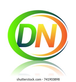 initial letter logo DN company name green and orange color on circle and swoosh design. vector logotype for business and company identity.