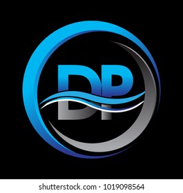 initial letter logo DP company name blue and grey color on circle and swoosh design. vector logotype for business and company identity.