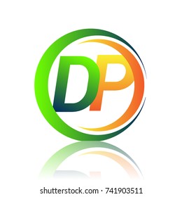initial letter logo DP company name green and orange color on circle and swoosh design. vector logotype for business and company identity.