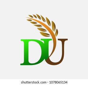 initial letter logo DU, Agriculture wheat Logo Template vector icon design colored green and brown.