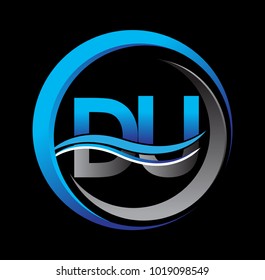 initial letter logo DU company name blue and grey color on circle and swoosh design. vector logotype for business and company identity.