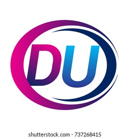 initial letter logo DU company name blue and magenta color on circle and swoosh design. vector logotype for business and company identity.