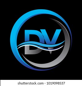 initial letter logo DV company name blue and grey color on circle and swoosh design. vector logotype for business and company identity.
