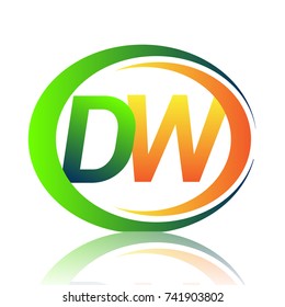initial letter logo DW company name green and orange color on circle and swoosh design. vector logotype for business and company identity.