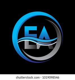 initial letter logo EA company name blue and grey color on circle and swoosh design. vector logotype for business and company identity.
