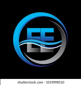 initial letter logo EE company name blue and grey color on circle and swoosh design. vector logotype for business and company identity.
