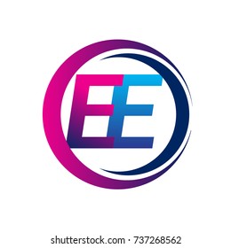 initial letter logo EE company name blue and magenta color on circle and swoosh design. vector logotype for business and company identity.
