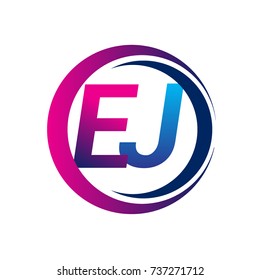 initial letter logo EJ company name blue and magenta color on circle and swoosh design. vector logotype for business and company identity.