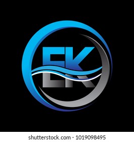 initial letter logo EK company name blue and grey color on circle and swoosh design. vector logotype for business and company identity.
