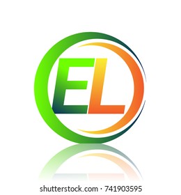 initial letter logo EL company name green and orange color on circle and swoosh design. vector logotype for business and company identity.