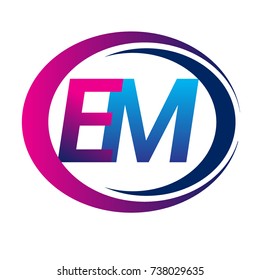 initial letter logo EM company name blue and magenta color on circle and swoosh design. vector logotype for business and company identity.