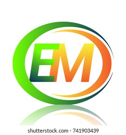 initial letter logo EM company name green and orange color on circle and swoosh design. vector logotype for business and company identity.
