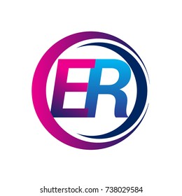 initial letter logo ER company name blue and magenta color on circle and swoosh design. vector logotype for business and company identity.