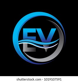 initial letter logo EV company name blue and grey color on circle and swoosh design. vector logotype for business and company identity.