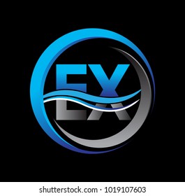 initial letter logo EX company name blue and grey color on circle and swoosh design. vector logotype for business and company identity.