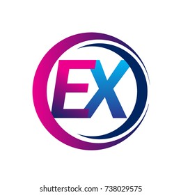 initial letter logo EX company name blue and magenta color on circle and swoosh design. vector logotype for business and company identity.