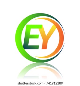 initial letter logo EY company name green and orange color on circle and swoosh design. vector logotype for business and company identity.