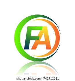 initial letter logo FA company name green and orange color on circle and swoosh design. vector logotype for business and company identity.