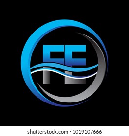 initial letter logo FE company name blue and grey color on circle and swoosh design. vector logotype for business and company identity.