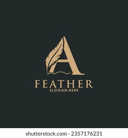 Letra inicial Un logotipo con oro Feather Luxury, plantilla de logotipo de pluma inicial