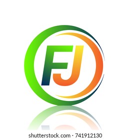 initial letter logo FJ company name green and orange color on circle and swoosh design. vector logotype for business and company identity.