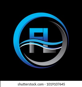 initial letter logo FL company name blue and grey color on circle and swoosh design. vector logotype for business and company identity.