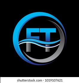 initial letter logo FT company name blue and grey color on circle and swoosh design. vector logotype for business and company identity.