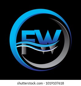 initial letter logo FW company name blue and grey color on circle and swoosh design. vector logotype for business and company identity.