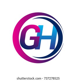 initial letter logo GH company name blue and magenta color on circle and swoosh design. vector logotype for business and company identity.