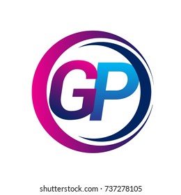 initial letter logo GP company name blue and magenta color on circle and swoosh design. vector logotype for business and company identity.