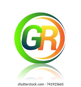 initial letter logo GR company name green and orange color on circle and swoosh design. vector logotype for business and company identity.