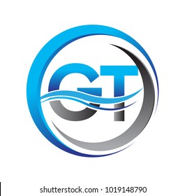 initial letter logo GT company name blue and grey color on circle and swoosh design. vector logotype for business and company identity.