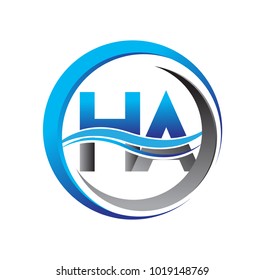 initial letter logo HA company name blue and grey color on circle and swoosh design. vector logotype for business and company identity.