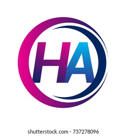 initial letter logo HA company name blue and magenta color on circle and swoosh design. vector logotype for business and company identity.