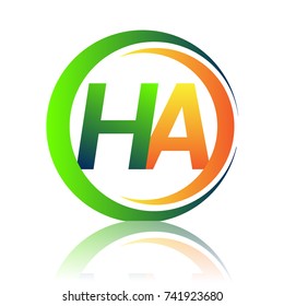 initial letter logo HA company name green and orange color on circle and swoosh design. vector logotype for business and company identity.
