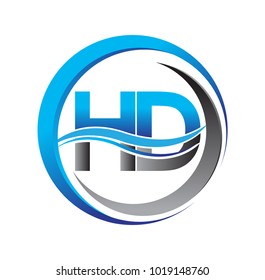 initial letter logo HD company name blue and grey color on circle and swoosh design. vector logotype for business and company identity.